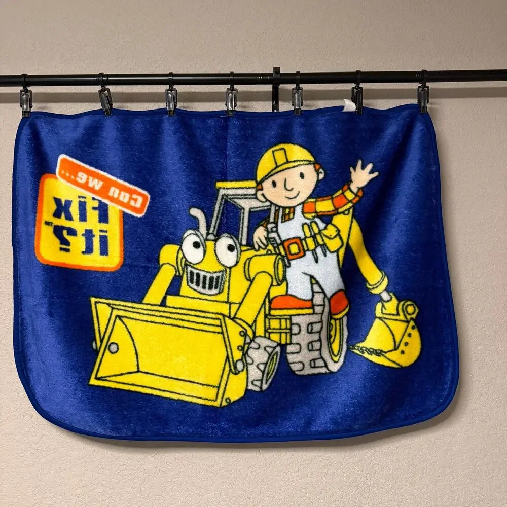 Vtg Y2K Bob the Builder Can we Fix it? plush toddler blanket - Blue digger 42x30